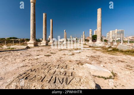 Roman ruins and columns at tip of Tyre peninsula, mediterranean sea, Tyre(Sour,Sur), Lebanon, middle east, Asia Stock Photo