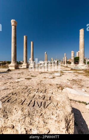 Roman ruins and columns at tip of Tyre peninsula, mediterranean sea, Tyre(Sour,Sur), Lebanon, middle east, Asia Stock Photo