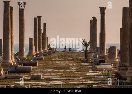 Roman ruins and columns at tip of Tyre peninsula, evening, mediterranean sea, Tyre(Sour,Sur), Lebanon, middle east, Asia Stock Photo