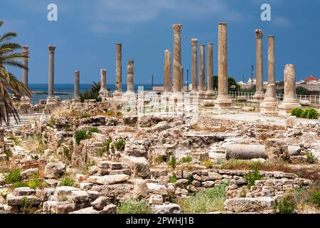 Roman ruins and columns at tip of Tyre peninsula, mediterranean sea, Tyre(Sour,Sur), Lebanon, middle east, Asia Stock Photo