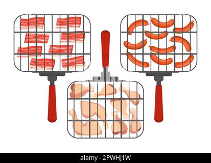 Grill baskets with different meat vector illustrations set Stock Vector