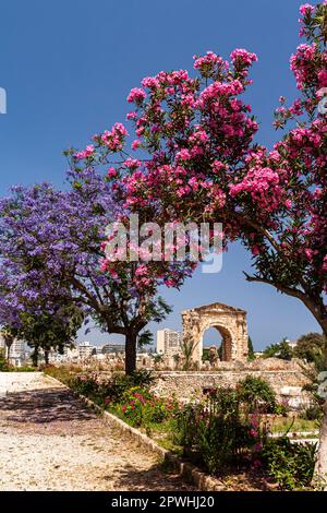 Necropolis and Roman triumph arch, at Tyre main land, Tyre(Sour,Sur), Lebanon, middle east, Asia Stock Photo