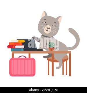 Kitten at the study desk. Cute animal character studying cartoon illustration isolated on white background. Education, school concept Stock Vector