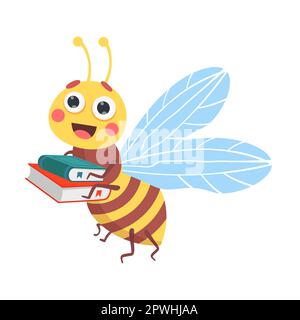 Cute animal, striped bee reading book cartoon illustration. Smart character holding textbook isolated on white background Stock Vector
