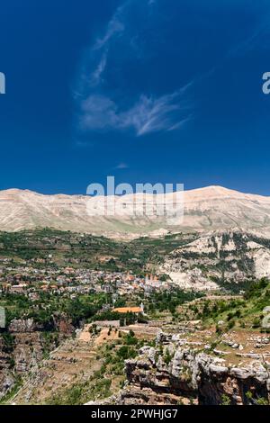 Lebanon mountains and Holy Kadisha(Qadisha) valley, townscape of Bsharri, Cedar of Lebanon, Bsharri(Bsharre), Lebanon, middle east, Asia Stock Photo