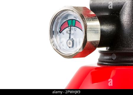 Manometer of a fire extinguisher. The pressure gauge is in the ideal range Stock Photo