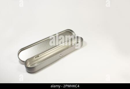 Empty metal long box on white background Stock Photo