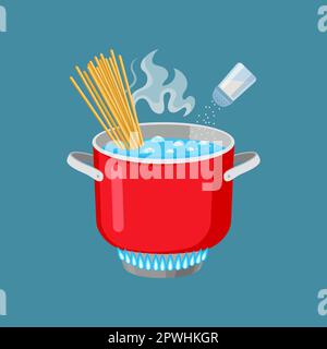 Pasta in boiling water being salted isolated on blue background Stock Vector
