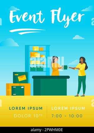 Postman giving parcel to customer in post office Stock Vector