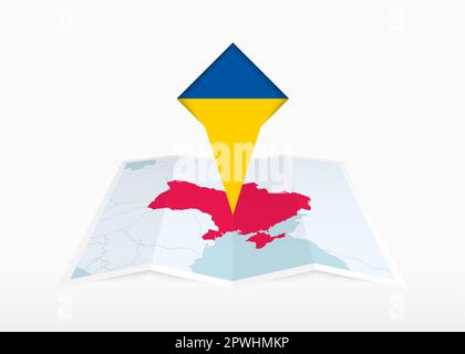 Ukraine is depicted on a folded paper map and pinned location marker with flag of Ukraine. Folded vector map. Stock Vector