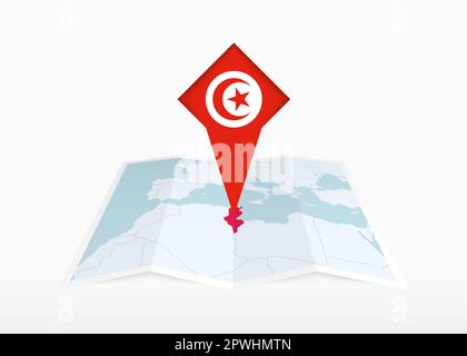 Tunisia is depicted on a folded paper map and pinned location marker with flag of Tunisia. Folded vector map. Stock Vector