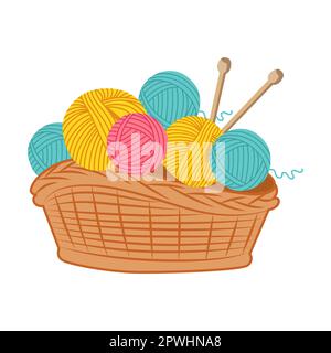 Basket with balls of yarn for knitting. Vector illustration of knitting, needlework, craft hobby isolated on white background Stock Vector