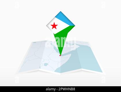 Djibouti is depicted on a folded paper map and pinned location marker with flag of Djibouti. Folded vector map. Stock Vector