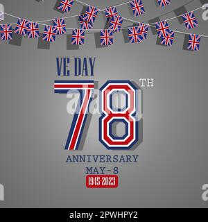 Victory in Europe Day 8 May background, 78th Anniversary with typography and waving Flag poster design vector illustration. Stock Vector