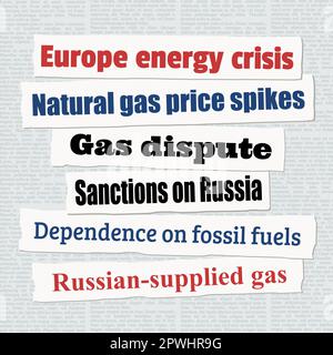 European energy crisis news headlines. Newspaper clippings about natural gas crisis and dependency on fossil fuels. Stock Vector