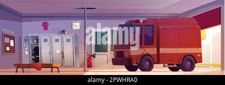 Fire station garage with truck cartoon background illustration. Firehouse department with steel pole, open gate and locker for uniform. Open entrance with falling sunlight inside rescue service room Stock Vector