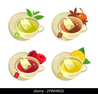 Cups of tea with different flavors vector illustrations set Stock Vector