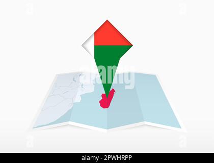 Madagascar is depicted on a folded paper map and pinned location marker with flag of Madagascar. Folded vector map. Stock Vector