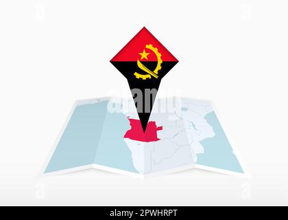 Angola is depicted on a folded paper map and pinned location marker with flag of Angola. Folded vector map. Stock Vector