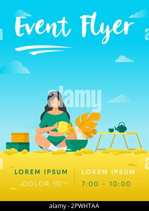 Woman sitting on floor and watering plant Stock Vector