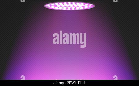 Led red and blue spectrum round phytolamp for indoor plant growing. Pink uv light. Modern agro equipment for illumination in commercial greenhouse or Stock Vector