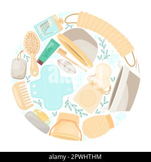 Round pattern with bathroom accessories vector illustrations set Stock Vector
