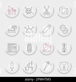 Sewing line icon set, tailor symbols collection, vector sketches, neumorphic UI UX buttons, dressmaking signs linear pictograms package isolated on wh Stock Vector