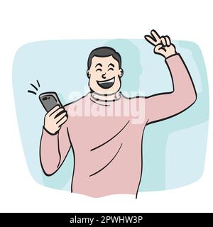 line art businessman using smartphone and showing victory sign illustration vector hand drawn isolated on white background Stock Vector