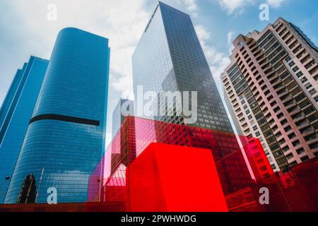 Los Angeles, California, USA - April 25, 2023.   The Museum of Contemporary Art, and Los Angeles skyscrapers in the downtown city, low angle view Stock Photo