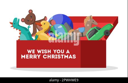 Childhood toys in box as gifts for Christmas vector illustration Stock Vector