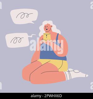 Young woman is using voice assistant. A cute character holds a wireless speaker on his hand. Friendship between humans and artificial intelligence. Stock Vector