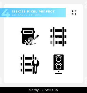 Railroad maintenance pixel perfect black glyph icons set on white space Stock Vector