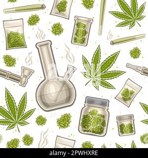 Vector Cannabis Seamless Pattern, repeat background with illustrations of set flat lay medicinal cannabis grass powder in plastic bag, weed paper roll Stock Vector