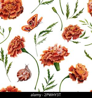 Seamless pattern with marigold watercolor hand drawn illustrations Stock Photo