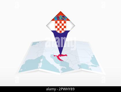 Croatia is depicted on a folded paper map and pinned location marker with flag of Croatia. Folded vector map. Stock Vector