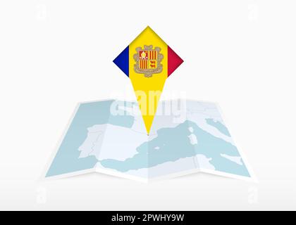 Andorra is depicted on a folded paper map and pinned location marker with flag of Andorra. Folded vector map. Stock Vector