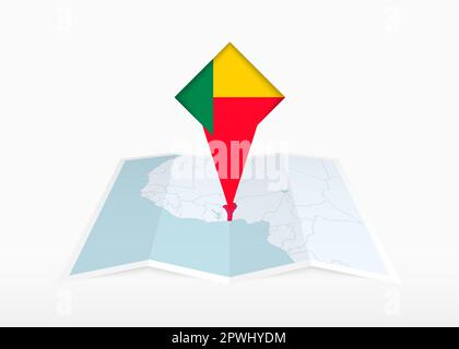 Benin is depicted on a folded paper map and pinned location marker with flag of Benin. Folded vector map. Stock Vector