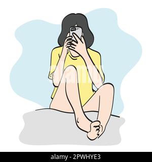line art woman taking smartphone in bed illustration vector hand drawn isolated on white background Stock Vector