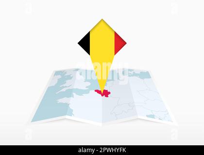 Belgium is depicted on a folded paper map and pinned location marker with flag of Belgium. Folded vector map. Stock Vector