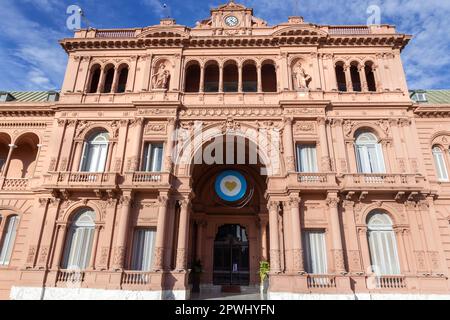 Building Exterior Facade of Casa Rosada, Palatial Mansion and Office of the President of Argentina at Historic Plaza De Mayo in Buenos Aires Stock Photo