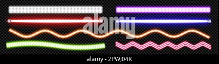 Led neon tube lamp vector glow line party wave stripe in blue, pink, green and orange. Isolated 3d realistic bulb string for wall decoration on Christmas collection. Bright ultraviolet electric pack Stock Vector