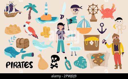 Collection of adorable pirates, sail ship, mermaids, sea fish and underwater creatures, treasure chest, lighthouse isolated on white background. Child Stock Vector