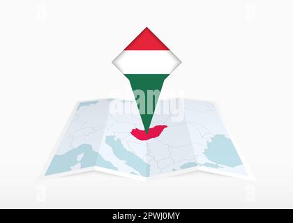 Hungary is depicted on a folded paper map and pinned location marker with flag of Hungary. Folded vector map. Stock Vector