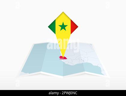 Senegal is depicted on a folded paper map and pinned location marker with flag of Senegal. Folded vector map. Stock Vector