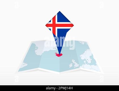 Iceland is depicted on a folded paper map and pinned location marker with flag of Iceland. Folded vector map. Stock Vector