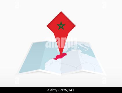 Morocco is depicted on a folded paper map and pinned location marker with flag of Morocco. Folded vector map. Stock Vector