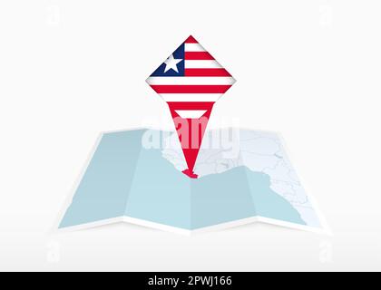 Liberia is depicted on a folded paper map and pinned location marker with flag of Liberia. Folded vector map. Stock Vector