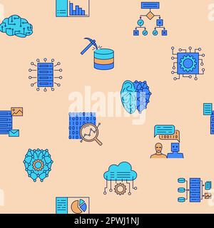 Data science and artificial intelligence seamless pattern in colored line style. Vector illustration. Stock Vector