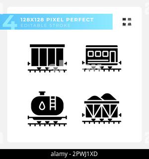 Rail wagon pixel perfect black glyph icons set on white space Stock Vector