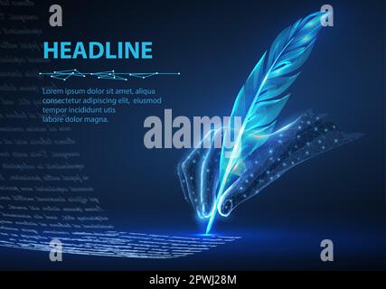 Feather in digital hand. Automatic text generator, AI writing, artificial intelligence copywriter Stock Vector